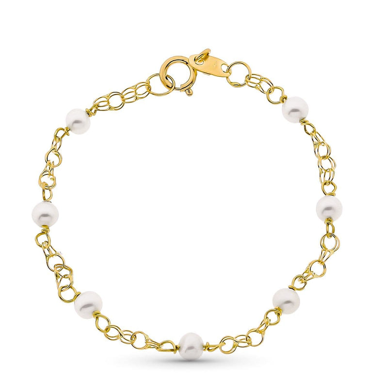 18K Yellow Gold Girl's Bracelet 3 mm Pearls and Hungarian Chain Length 12 cm
