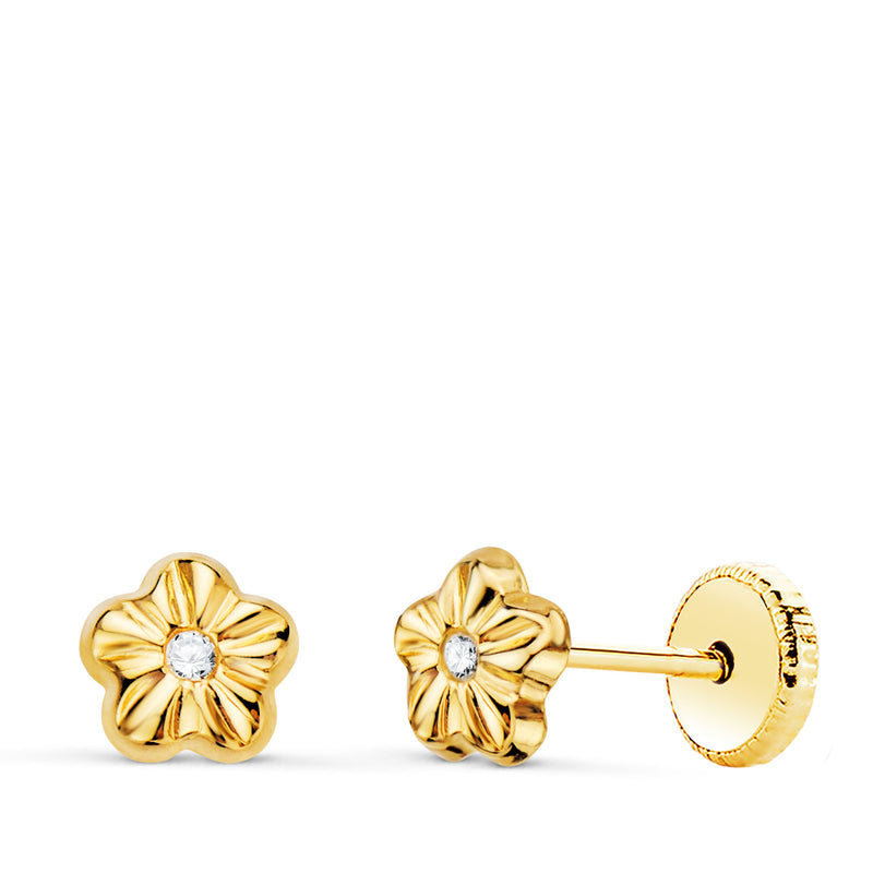 18K Yellow Gold Flower Earrings With Zirconia 5 x 5 mm Nut Closure