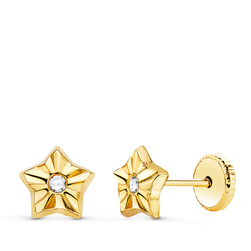 18K Yellow Gold Star Earrings With Zirconia 6.5 x 6.5 mm Nut Closure