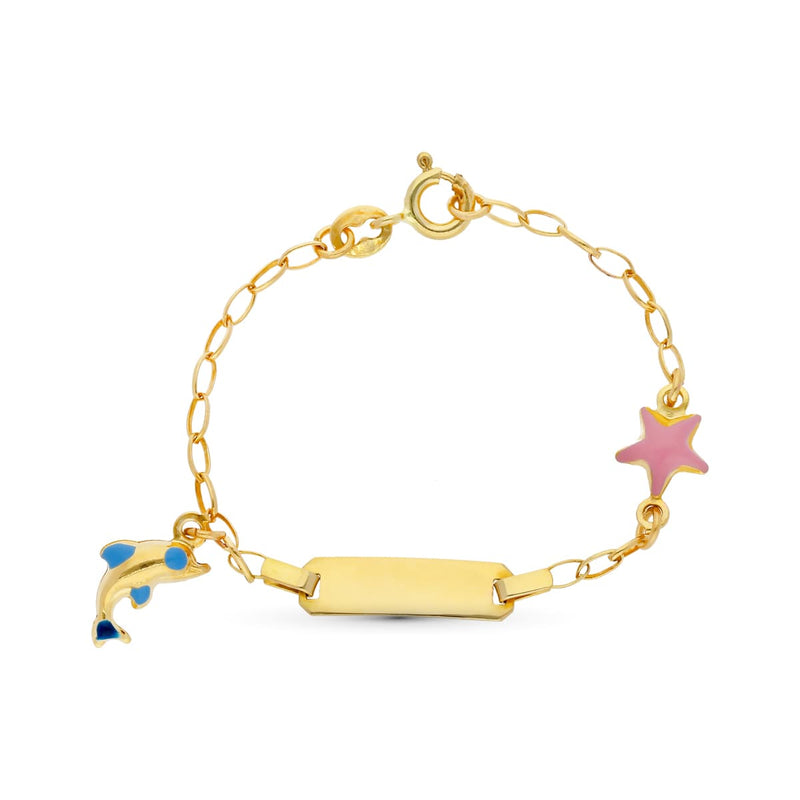 18K Yellow Gold Dolphin and Star Enamel Bangle 13 cm