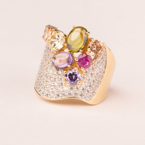 Pave' ring with multicolor cluster plated in 18k gold