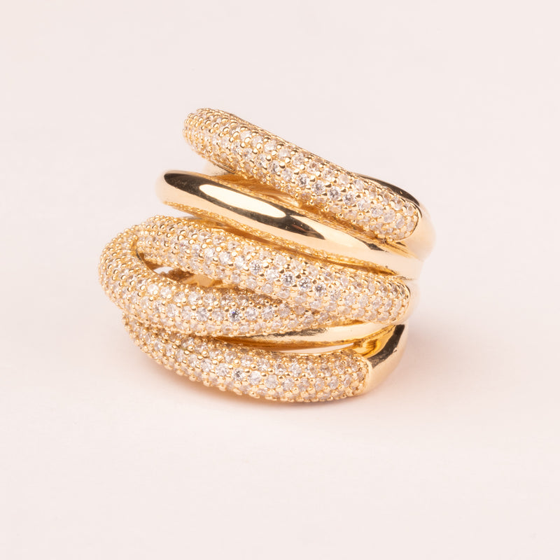 Ring with alternating pavé meshes, brilliant and smooth cut, plated in 18k gold