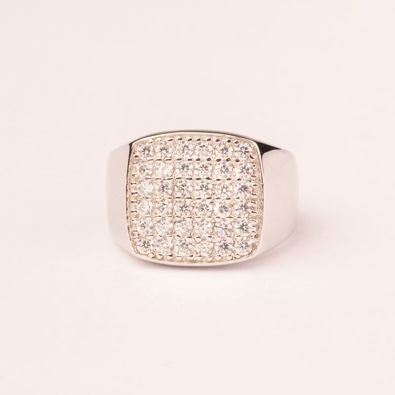 Square pavé chevalier ring with white zircons