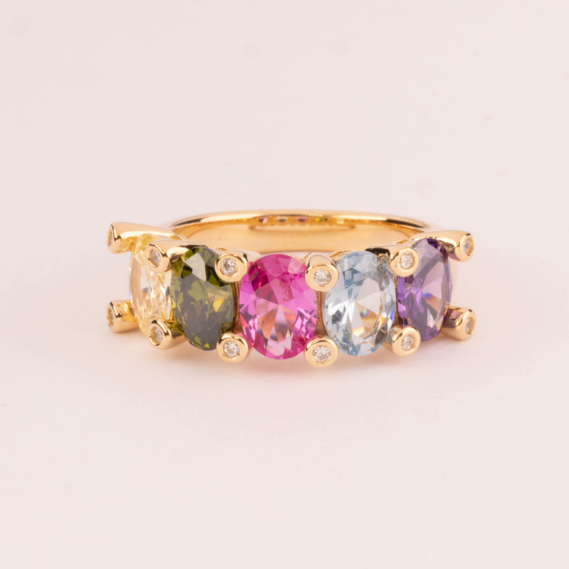 Half alliance with multicolored oval zircons plated in 18k gold