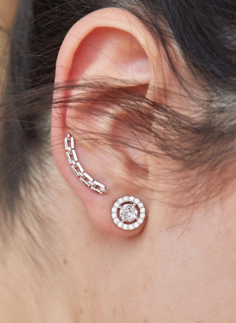 Small Shiny Silver Earrings with Circular Motif with Zircons