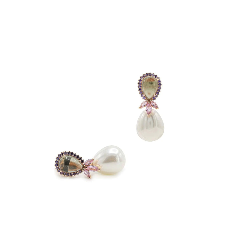 Silver Pearl Earrings Drop Design with Green Pendant and Pink Petals