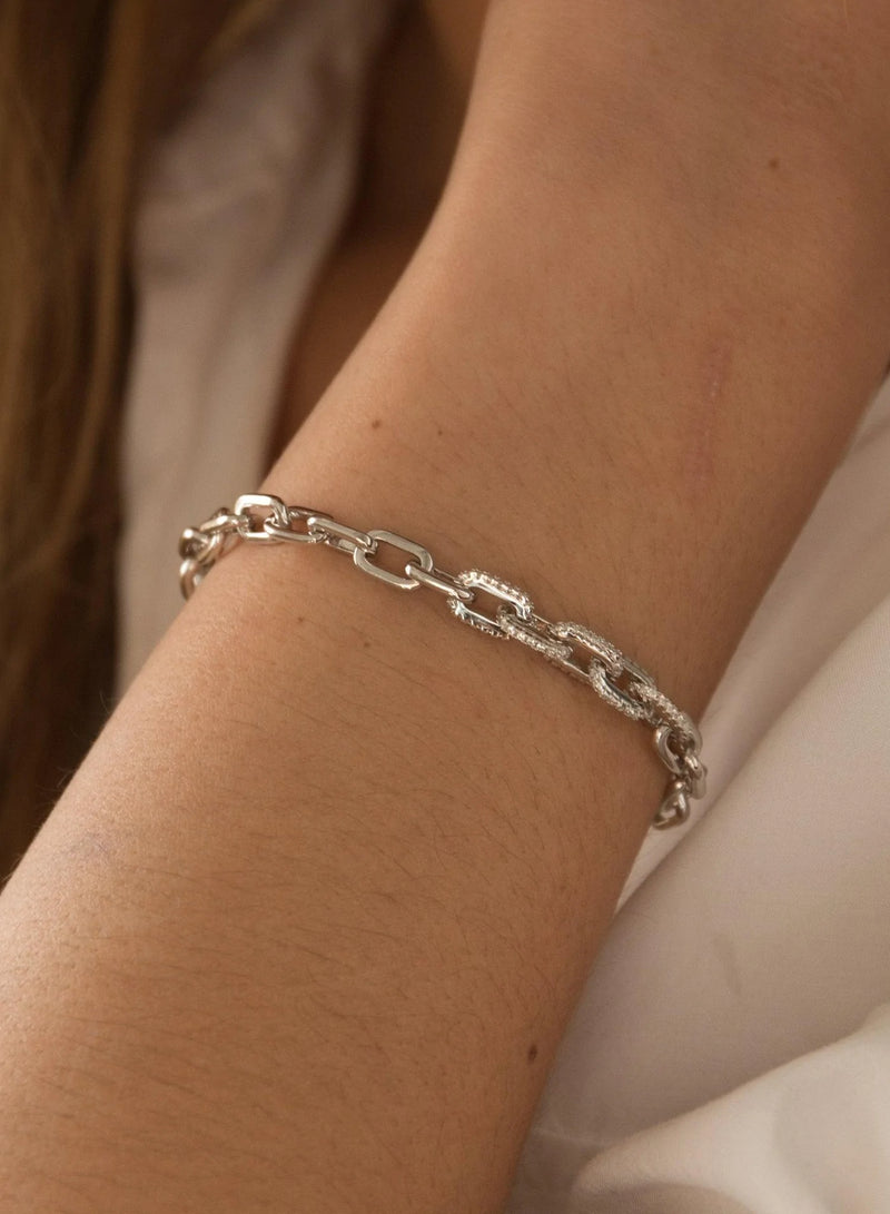 Silver Link Bracelet with Chain Design and Zircon Detail