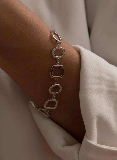 Silver Link Bracelet Round and Square Design with Zirconia