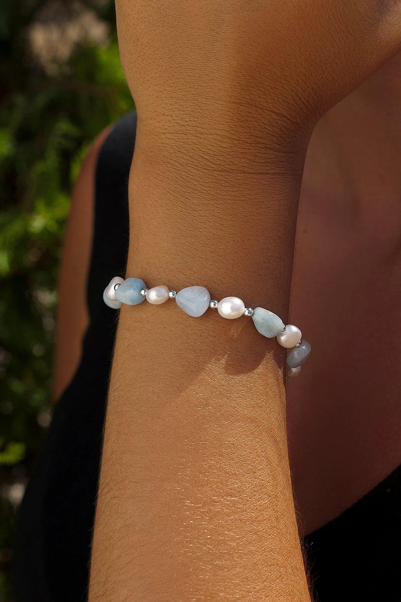 Bracelets with Silver Aquamarine Stones and Freshwater Pearls
