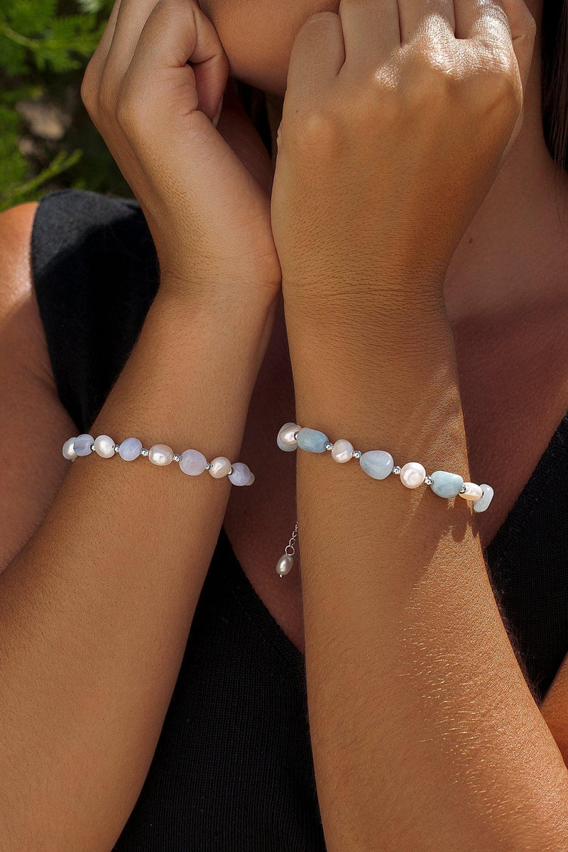 Bracelets avec pierres d'aigue-marine en argent et perles d'eau douce
