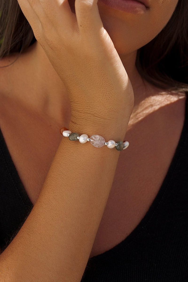 Bracelets with Silver Stones Orange Aventurine Rutilated Rose Quartz and Freshwater Pearls