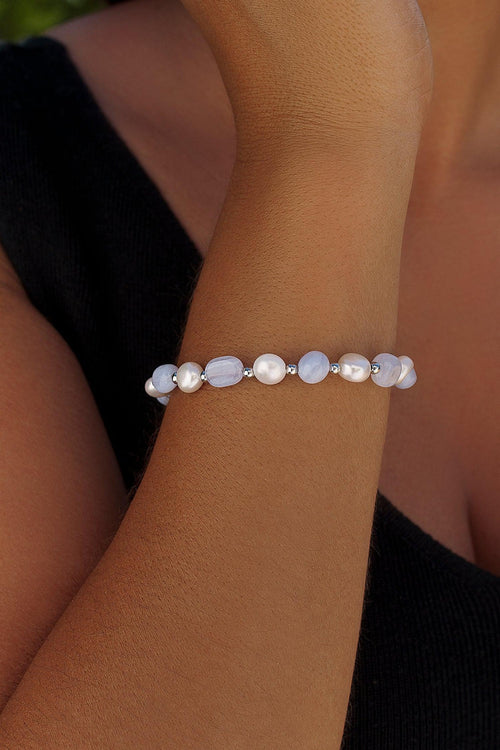 Bracelets with Silver Stones Blue Chalcedony and Freshwater Pearls