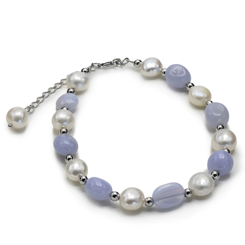 Bracelets with Silver Stones Blue Chalcedony and Freshwater Pearls