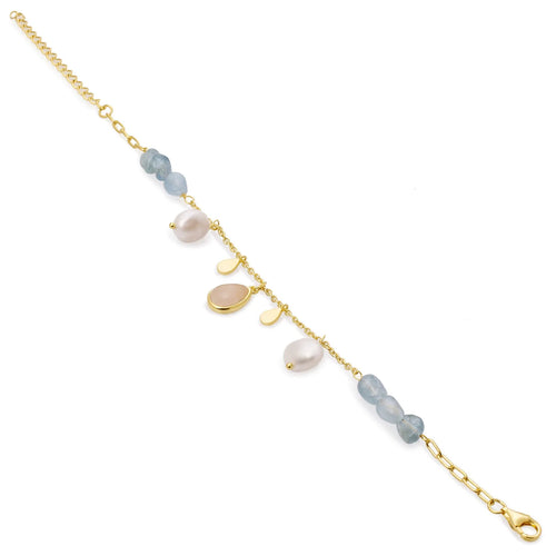 Bracelets avec pierres d'argent avec pendentifs aigue-marine et quartz rose et perles