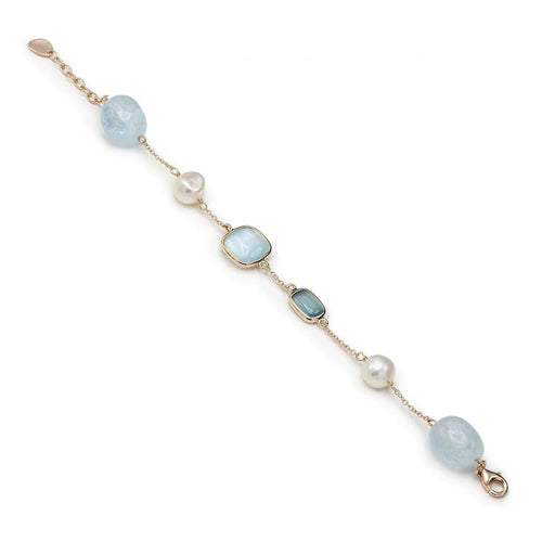 Bracelets with Silver Stones and Pearls Cat's Eye Design Blue Tones