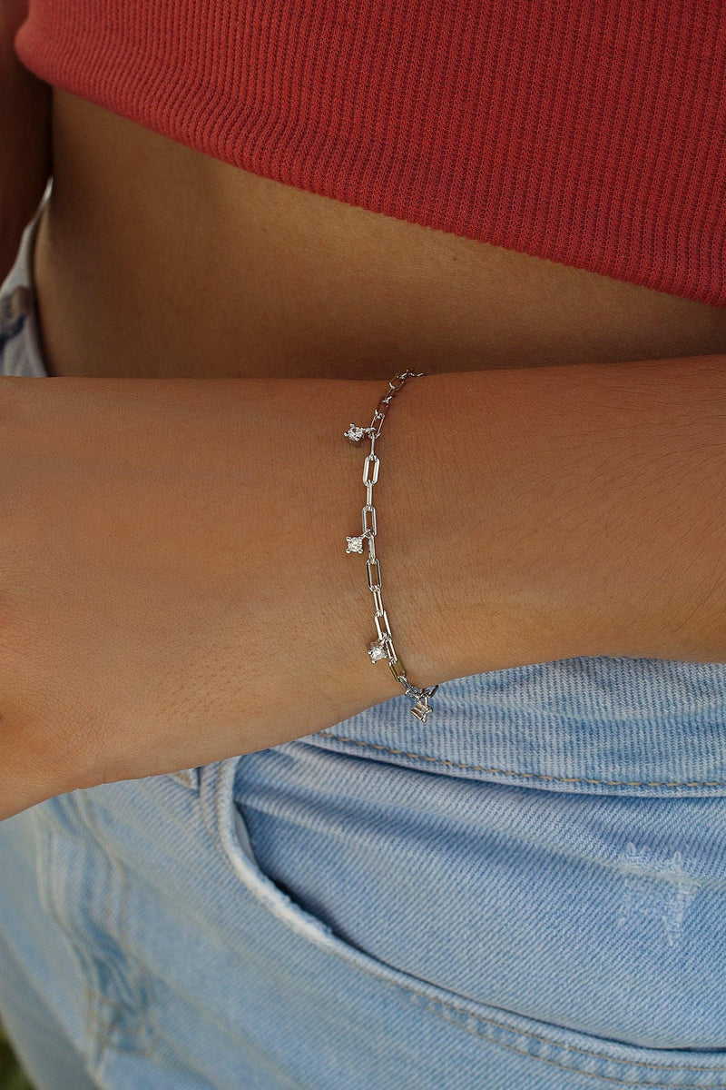 Fine Silver Bracelets with Zircons Chain Style Pendants
