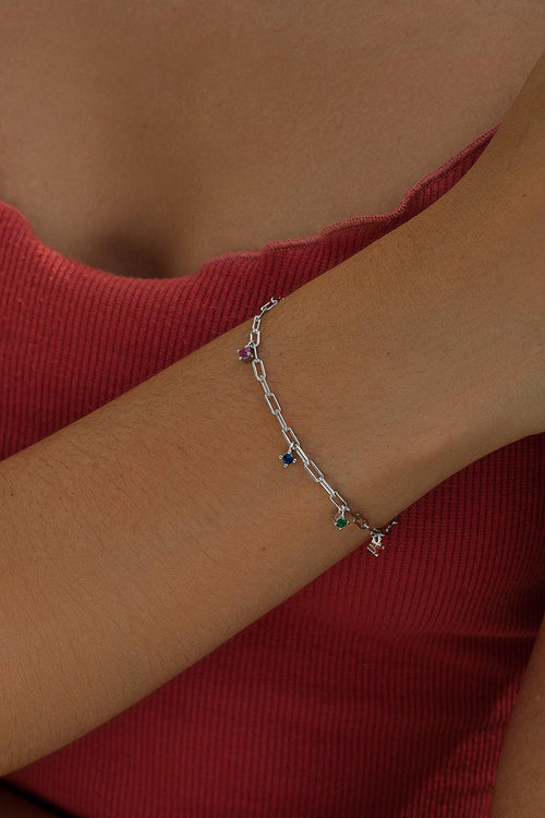 Fine Silver Bracelets with Multicolor Zirconia Pendants Chain Style