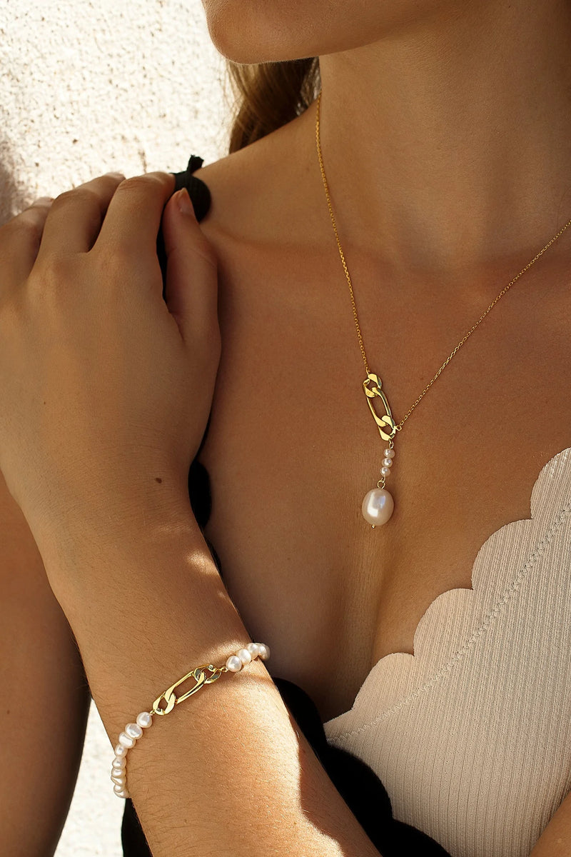 Golden Silver Pearl Bracelets Paperclip Design