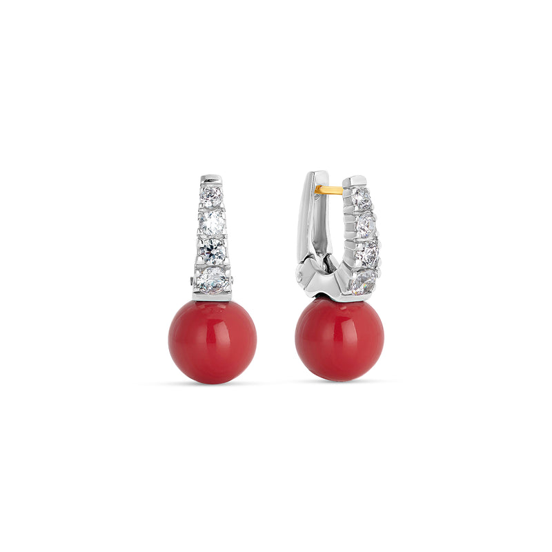 Silver and Coral Pearl Zirconia Earrings