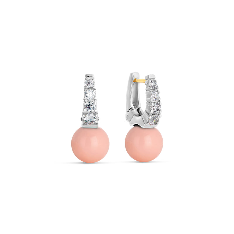 Silver and Coral Pink Pearl Zirconia Earrings