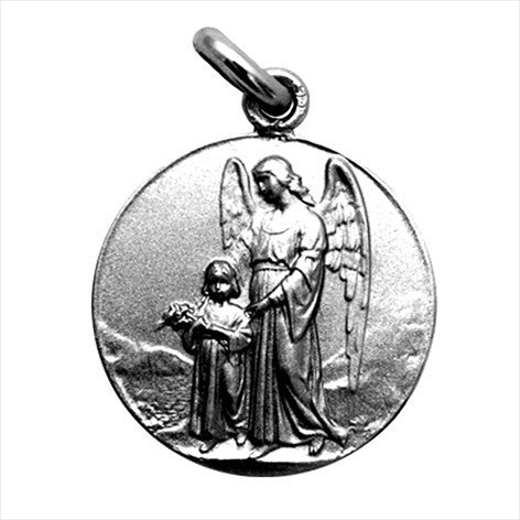 Medalla plata envejecida Angel de la guarda 18 mm