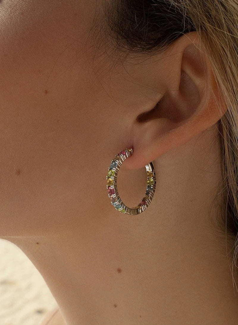 Hoop Earrings with Stones in Silver Warm Tones Design