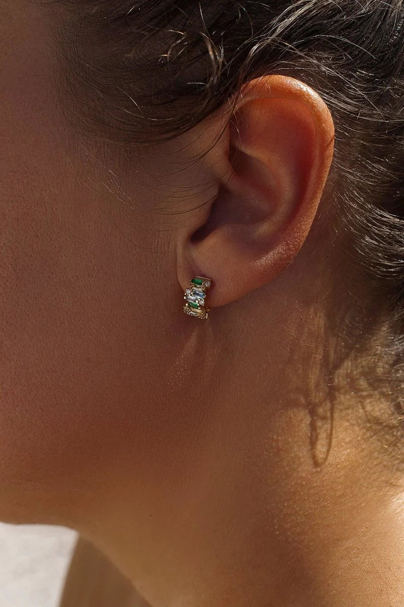 Silver Hoop Earrings with Green and Blue Colored Stones