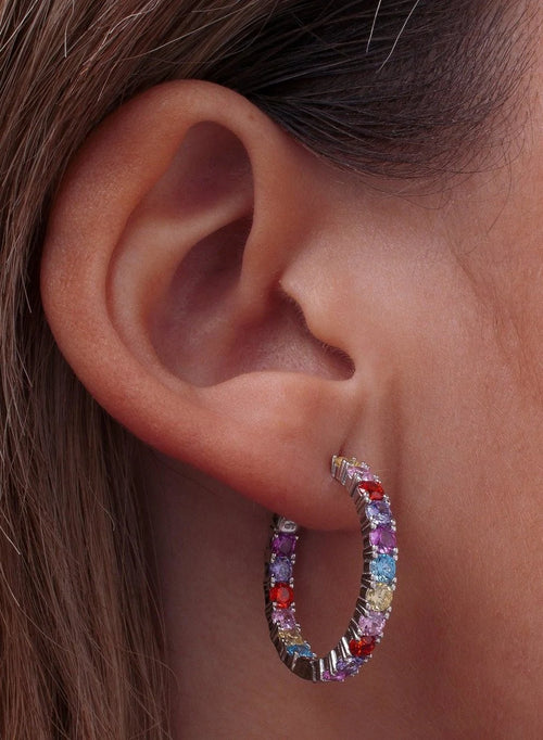 Boucles d'oreilles créoles en argent avec pierres multicolores