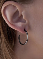 Silver Hoop Earrings with Black Zircon Design