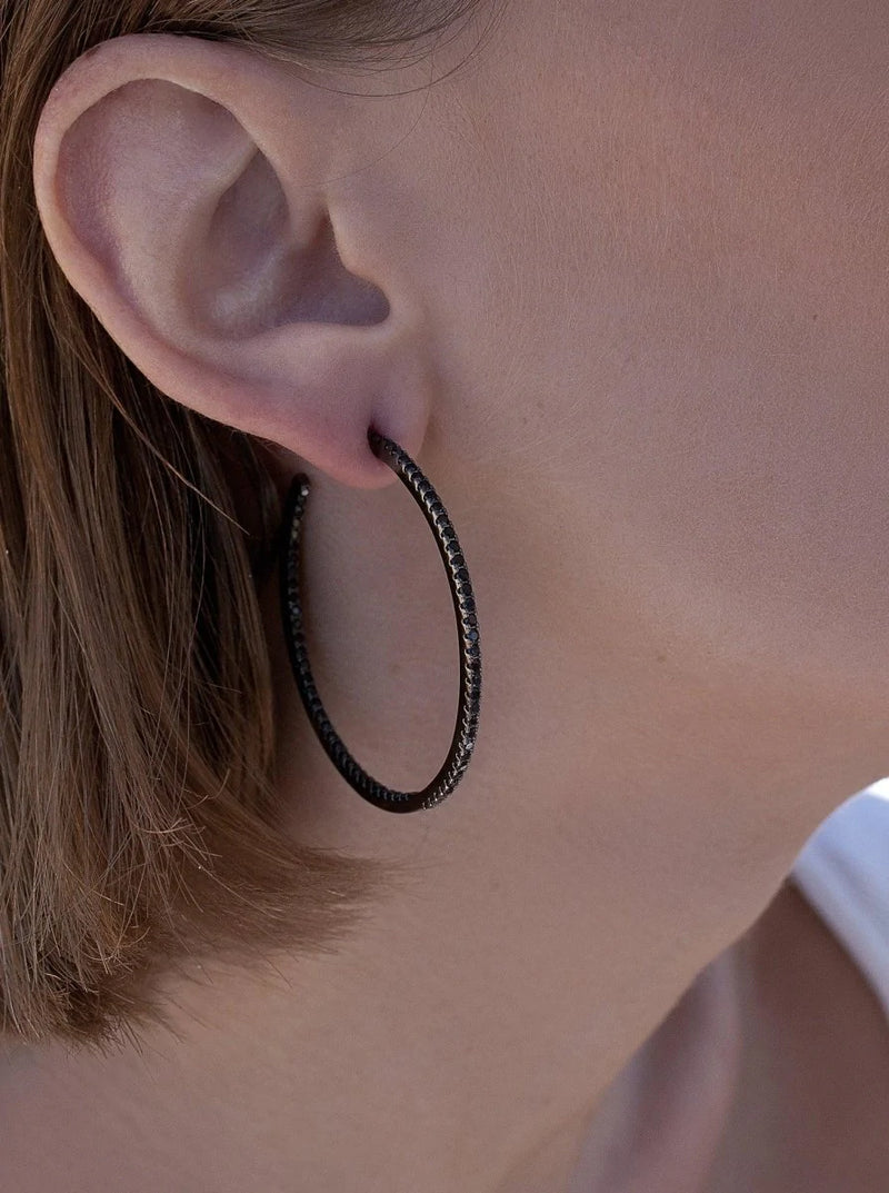 Large Silver Hoop Earrings with Thick Zirconia Setting in Black