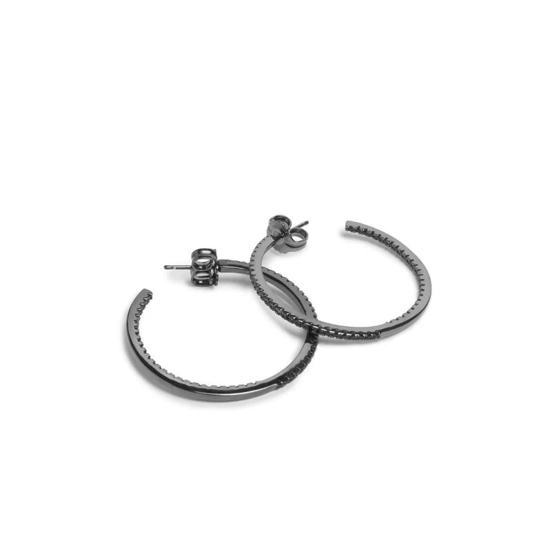Large Silver Hoop Earrings with Squares and Zirconia Contour in Black