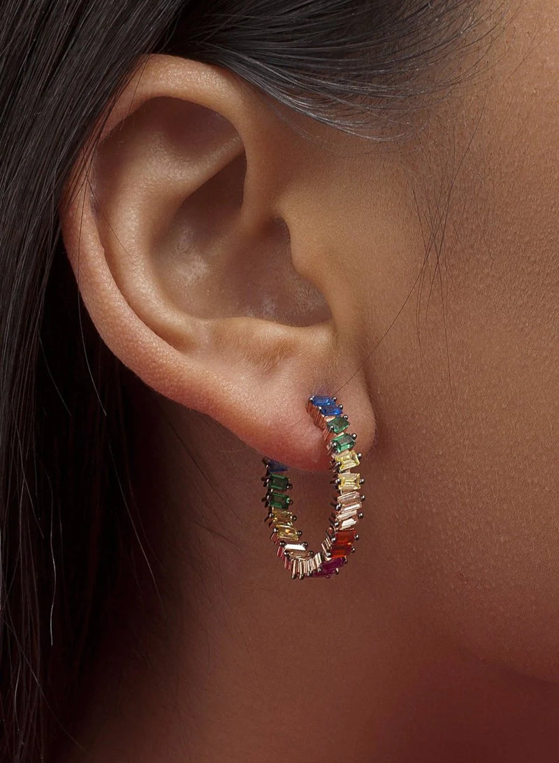 Silver Hoop Earrings with Multicolor Stones