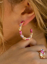 Hoop Earrings with Silver Stones with Adamantine Quartzs in Pink Tones