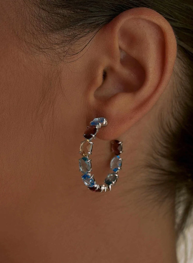 Hoop Earrings with Silver Adamantine Quartz Stones in Blue Tones