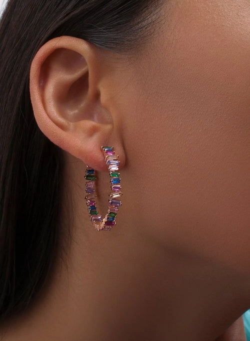 Earrings with Silver Stones Hoop Style Pink Bath