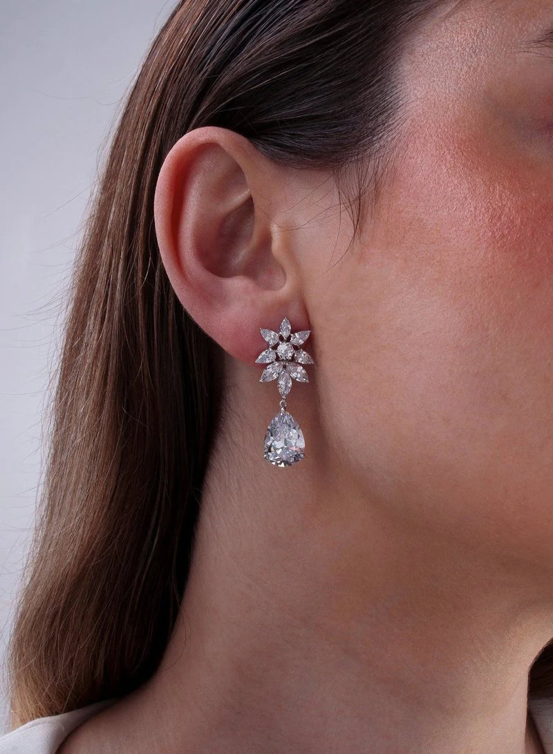 Small Festive Silver Bridal Earrings with Floral Design