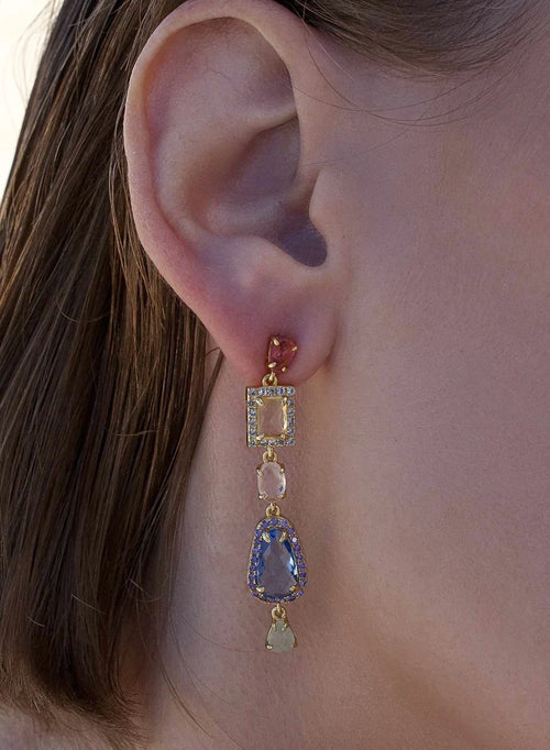 Boucles d'oreilles longues en pierre de couleur argent, design bleu