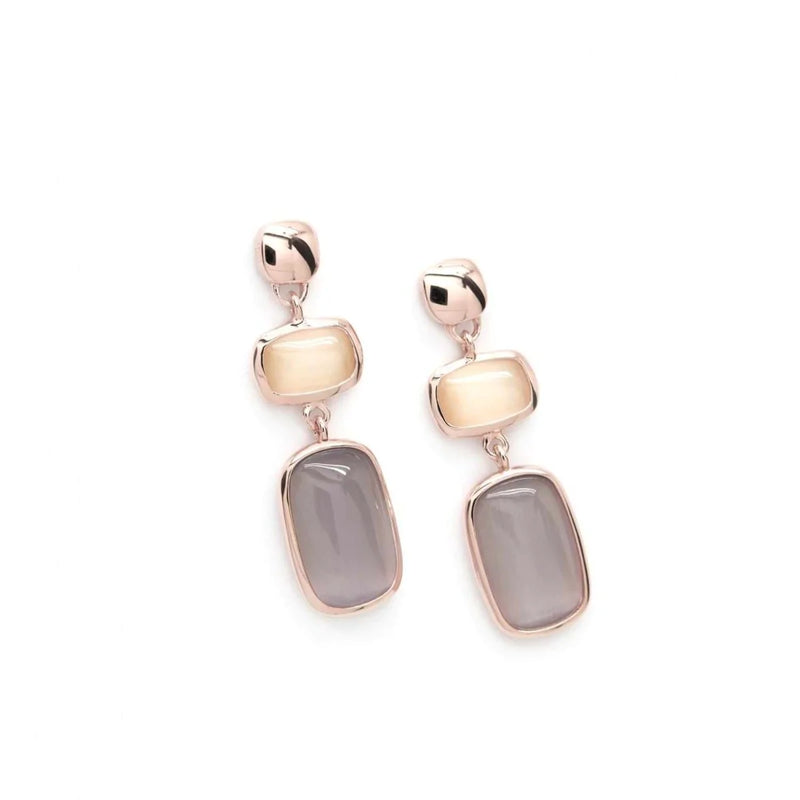 Pink Silver Colored Stone Earrings with Multicolor Cat Eyes