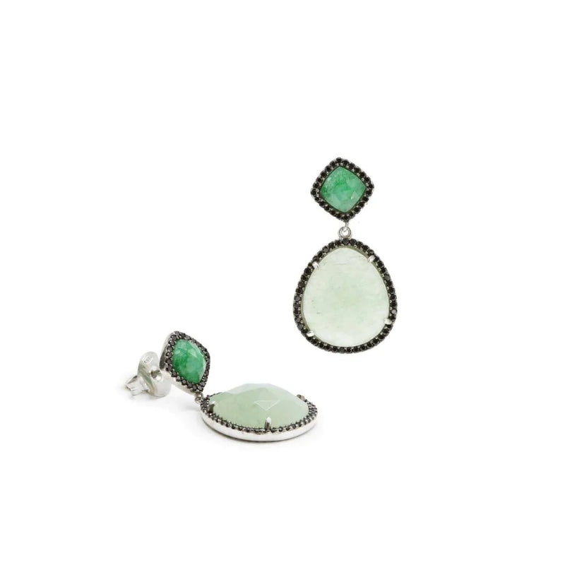 Silver Earrings with Green Kyanite and Aventurine and Black Zircons