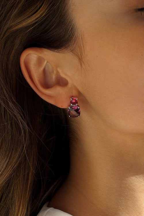 Silver Earrings with Double Design Stones in Fuchsia