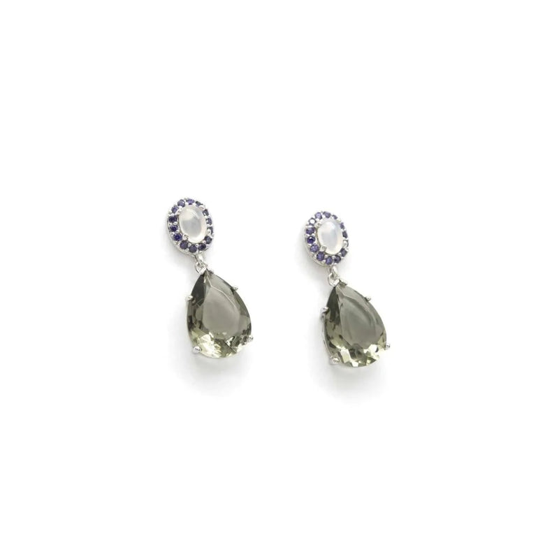 Silver Teardrop Earrings with Zirconia and Ivory and Olive Green Adamantine Quartz