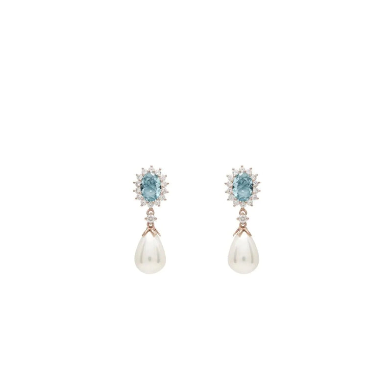 Long Silver Pearl Earrings with Blue Adamantine Quartz and Zirconia