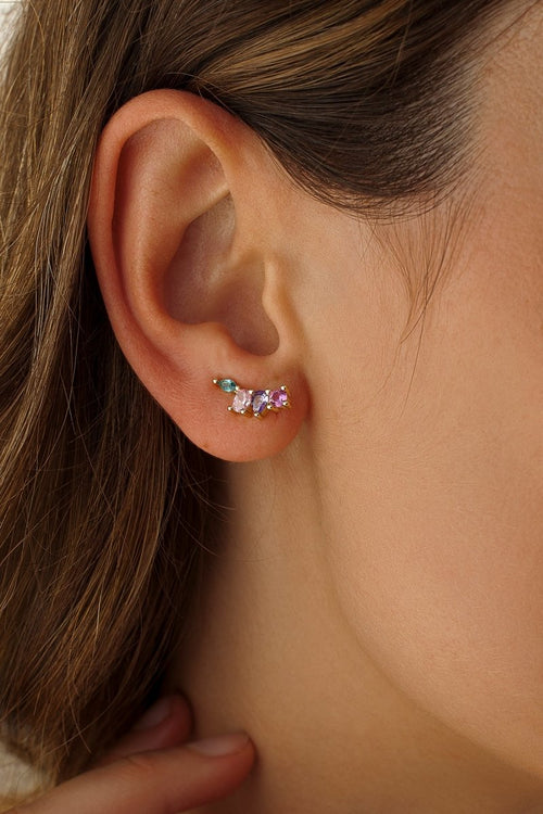 Boucles d'oreilles d'escalade argentées design multicolore lilas vert violet et rose
